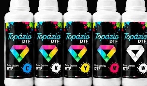 Frascos da tinta DTF Topázio nas cores cyan, black, yellow, magenta e white